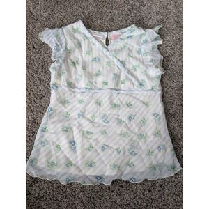 Mary-Kate and Ashley Girls Blue Floral Striped Flutter Blouse Size 10/12 Y2K